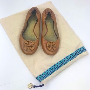 Tory Burch Brown Leather Logo Toe Medallion Slip On Ballet Flats With Duster Bag